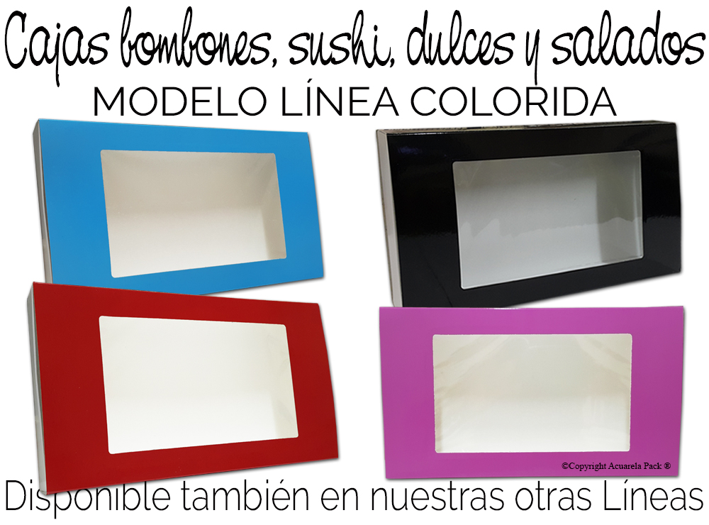 Estuche Bombones/Sushi. Tamaño: grande. En ésta imágen: Con visor + tapa de colores